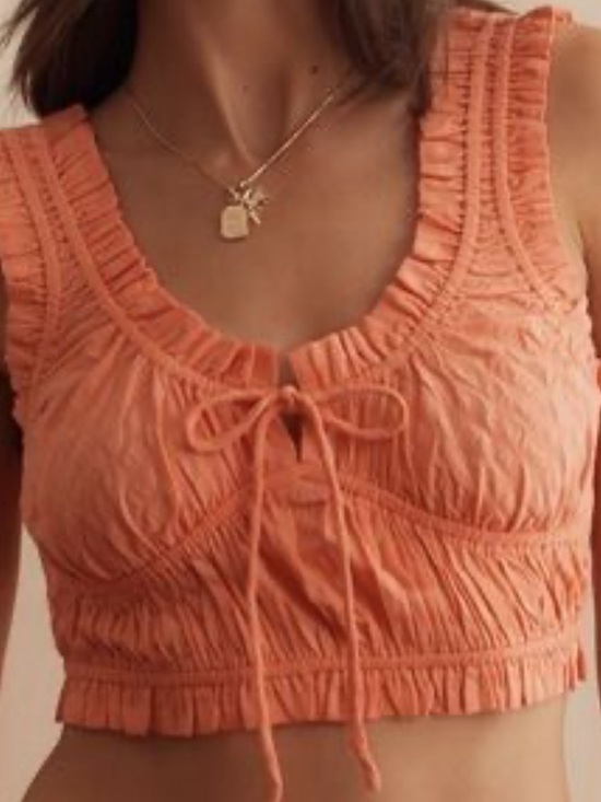 Anthropologie Tops - Anthropologie Medium Coral Ruched Ruffle Crop Top Sleeveless Tie Front